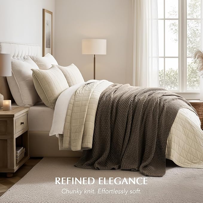 EVERGRACEHOME Chunky Chenille Knit Throw Blanket for Couch, Soft Luxurious Oversized King Moss Stitch Blanket for Bed, Large Cozy Farmhouse Knitted Throw for Sofa, Mocha Brown, 92" x 108"
