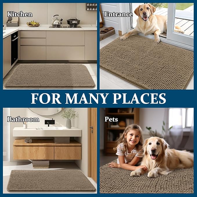 OLANLY Dog Door Mat for Muddy Paws 34x21, Absorbs Moisture and Dirt, Absorbent Non-Slip Washable Doormat, Quick Dry Chenille Mud Mat for Dogs, Entry Indoor Entryway Carpet for Inside Floor, Tan