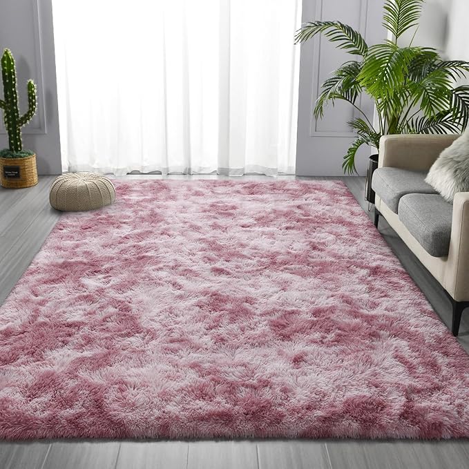 Deerhoo Shag Area Rug, 4 X 6 Tie-Dyed Plush Fuzzy Rugs for Living Room, Ultra Soft Fluffy Furry Rug for Bedroom, Indoor Carpet Nursery Rugs for Kids Room Home Decor, Pink Purple