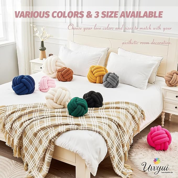 Uvvyui Knot Pillow Ball, Soft Home Decorative Pillows, Round Throw Pillow, Handmade Knotted Plush Pillow, Round Boucle Pillow Cushion (8.6 Inches Pink)