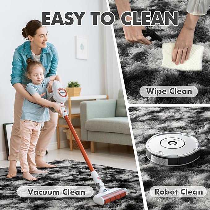 4x6 Ft Shag Area Rug for Bedroom Living Room, Tie-Dyed Ultra Soft Fluffy Furry Rugs for Indoor Floor, Aesthetic Carpet for Kids Home Decor (Black Grey)