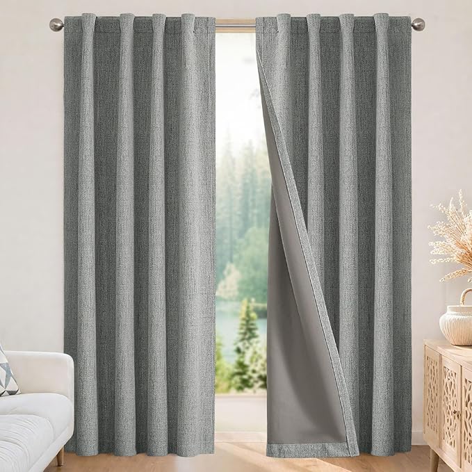 Joydeco Blackout Curtains for Bedroom - 100% Light Blocking 2 Panels Light Grey Drapes 66"W x 108"L, Thermal Insulated Room Darkening Curtains, Linen Textured for Living Room, Rod Pocket & Back Tabs