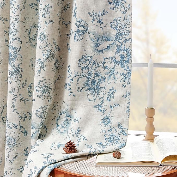 jinchan Blackout Floral Curtains for Living Room Bedroom Linen Blend Curtain Farmhouse Blue Printed with Lined Back Tab Rod Pocket Drapes Window Treatments 2 Panels 96 Inch