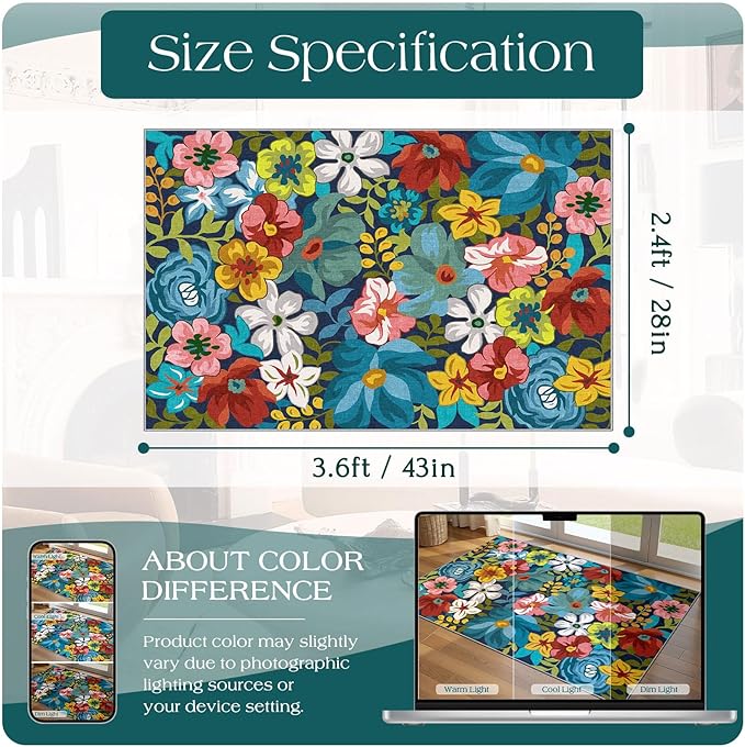Floral Outdoor Rug - 28" x 43" Front Door Mat Indoor Outside Entrance Non-Slip Washable Outdoor Mat Colorful Spring Flower Rug for Entryway Kitchen Bedroom Layered Doormat for Front Porch