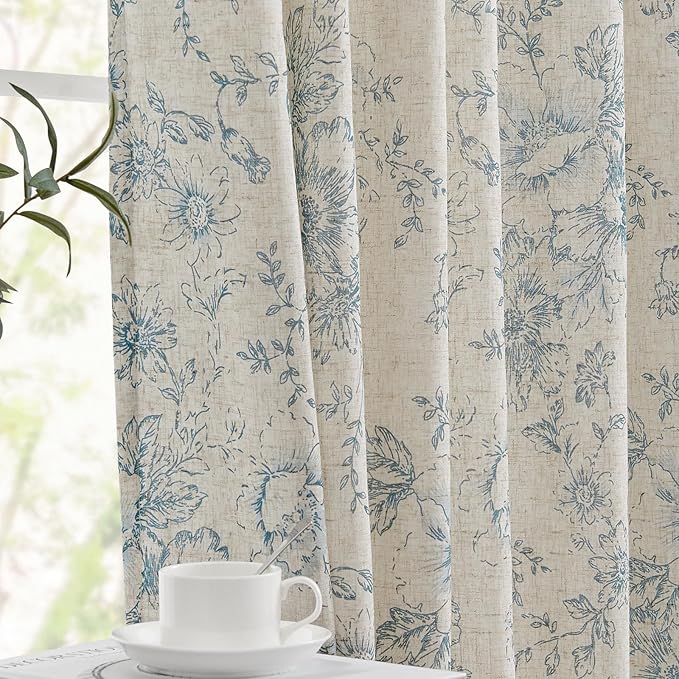 jinchan Lined Linen Blend Curtain Floral Curtains for Living Room 63 Inch Length Blue Peony Flower Printed Curtain Rod Pocket Back Tab Farmhouse Patterned Drapes Bedroom Window Curtains Set 2 Panels