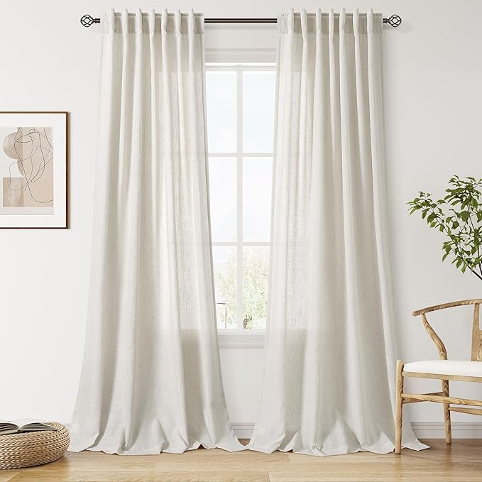 Nanspring Mousse White Curtains 90 Inches Long for Living Room Linen Light Filtering Semi Sheer Curtain Back Tab Rod Pocket Simple Modern Elegant Coastal Decor Drapes for Bedroom 52x90, 2 Panels