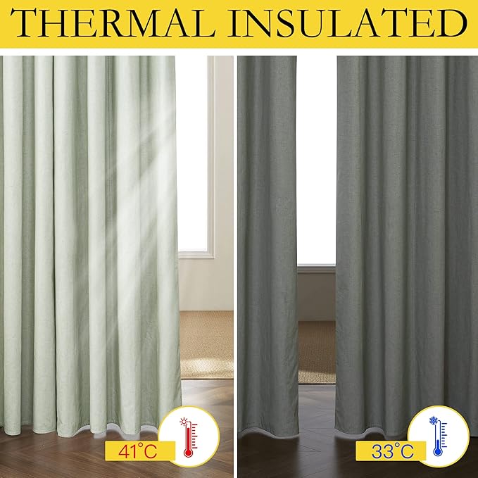NICETOWN Full Blackout Sage Green Linen Curtains 102 inches Length with Thermal Insulated Liners for Living Room, 2 Panels, 52 inches W, Farmhouse Style Keep Warm Large Window Draperies for Hall