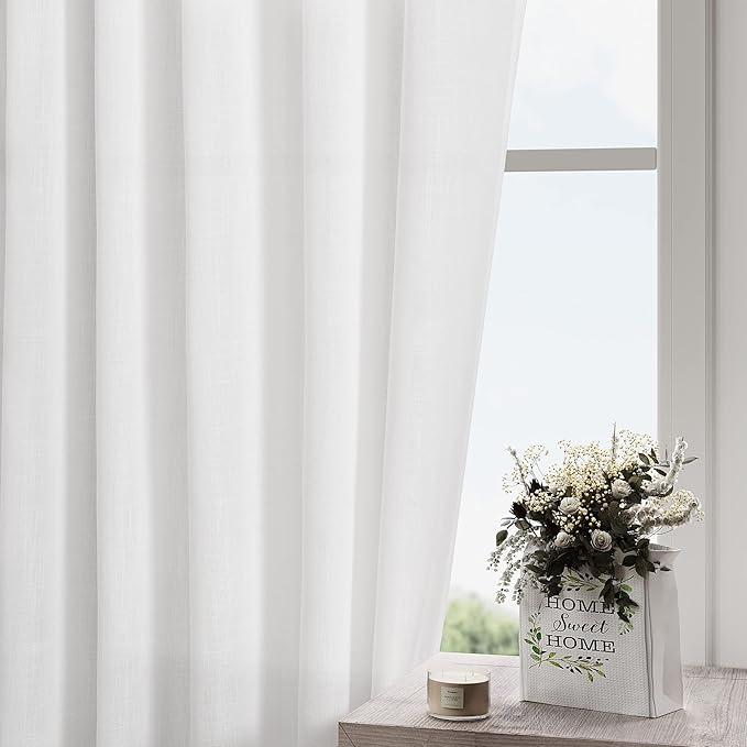 Nanspring White Semi Sheer Linen Curtains 73 Inch Length for Living Room 2 Panels Set Back Tab Rod Pocket Drapes Modern Farmhouse Coastal Decor Linen Textured Gauze Curtains for Office 52x73