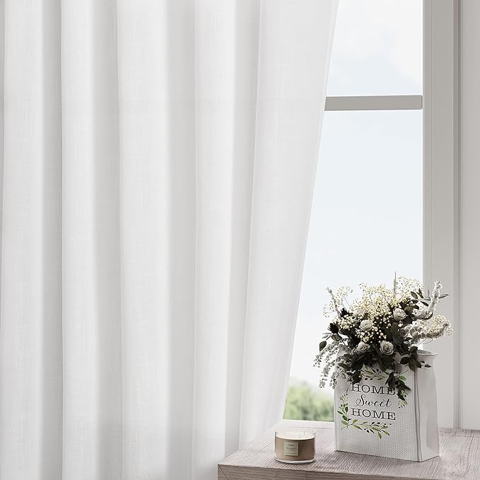 Nanspring White Linen Curtains 98 Inches Long 2 Panels Set Back Tab Rod Pocket Semi Sheer Light Filtering Long Curtains Faux Linen Textured Elegant Draps for Living Room Bedroom Dining Room 52x98