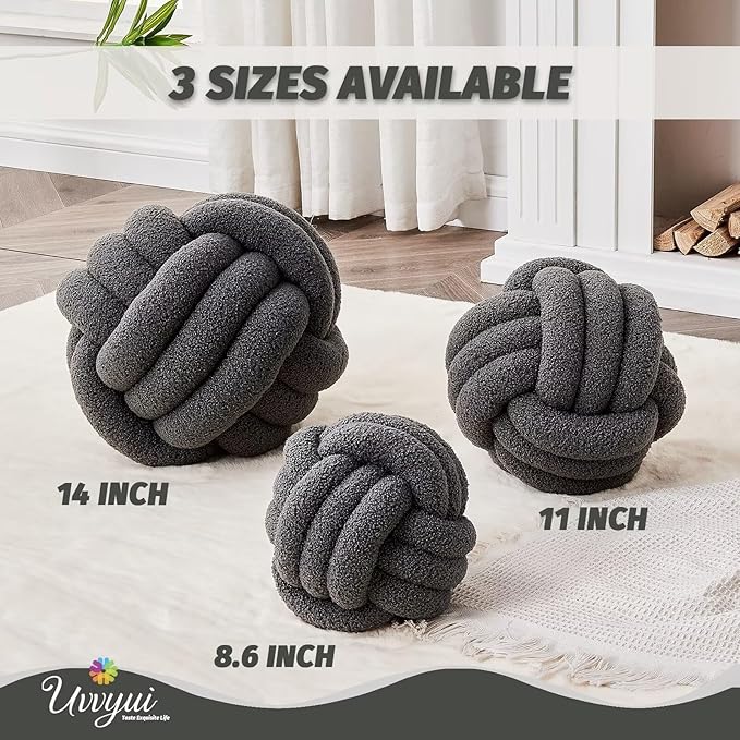 Uvvyui Knot Pillow Ball, Soft Home Decorative Pillows, Round Throw Pillow, Handmade Knotted Plush Pillow, Round Boucle Pillow Cushion (11 Inches Dark Gray)