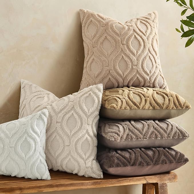 decorUhome Throw Pillow Covers 26x26 Inch Set of 2, Soft Plush Faux Wool Light Khaki Solid Couch Pillow Covers, Accent Euro Sham Farmhouse Neutral Square Pillow Cases for Sofa Bed Living Room