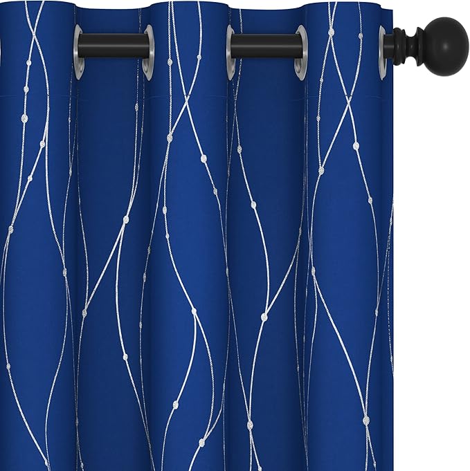 Deconovo Blackout Curtains, 38 x 36 Inch Drapes for Kitchen with Wave Dots Silver Print, Soundproof Thermal Insulated Window Curtain for Small Windows Nursery, Set of 2, Machine Washable, Royal Blue