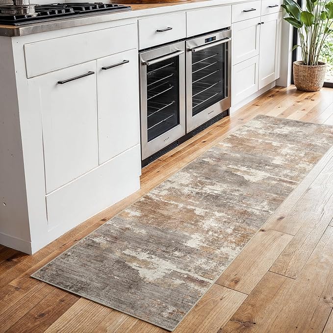 2'6''x8' Washable Kitchen Runner Rug: Modern Abstract Runners for Hallway Soft Non Slip Rugs with Rubber Backing Low Pile Thin Floor Carpet for Entryway Bedroom Bathroom Indoor(Brown/Brick,2'6''x8')