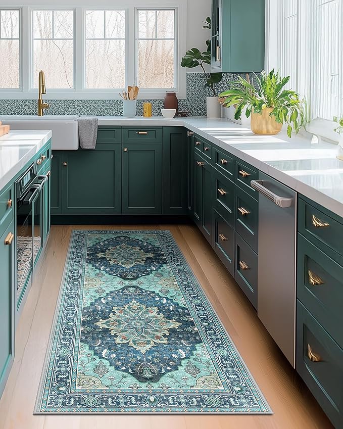 Area Rugs 2'x6' Runner Rug Non Slip Washable for Kitchen Hallway Bedroom Beside Laundry Room Bathroom Rug, Floor Carpet, Teal Green Lake Blue Turquoise