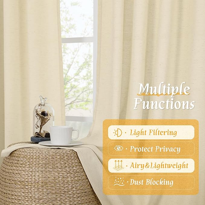 LAMIT Beige Linen Window Curtains 72 Inch Length 2 Panels, Thick Linen Textured Light Filtering Rod Pocket Burlap Boho Neutral Privacy Drapes for Bedroom/Living Room, Beige, 52 x 72 Inch