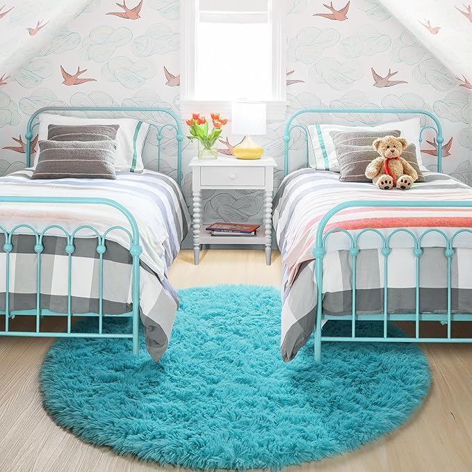Amdrebio Blue Round Rug 5Ft for Bedroom, Fluffy Circle Area Rugs for Kids Room Baby Nursery Playroom, Living Room Decor Aesthetic, Plush Shaggy Fuzzy Turquoise Carpet for Apartment Preppy Classroom