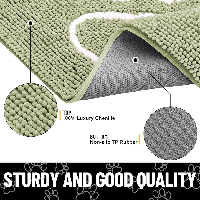 Smiry Dog Door Mat for Muddy Paws, Absorbent Dirt Trapper Non Slip Quick Dry Washable Chenille Mat for Mud Dogs, Entry Rug for Indoor and Outdoor (24x16 Inches, Sage Green and White)