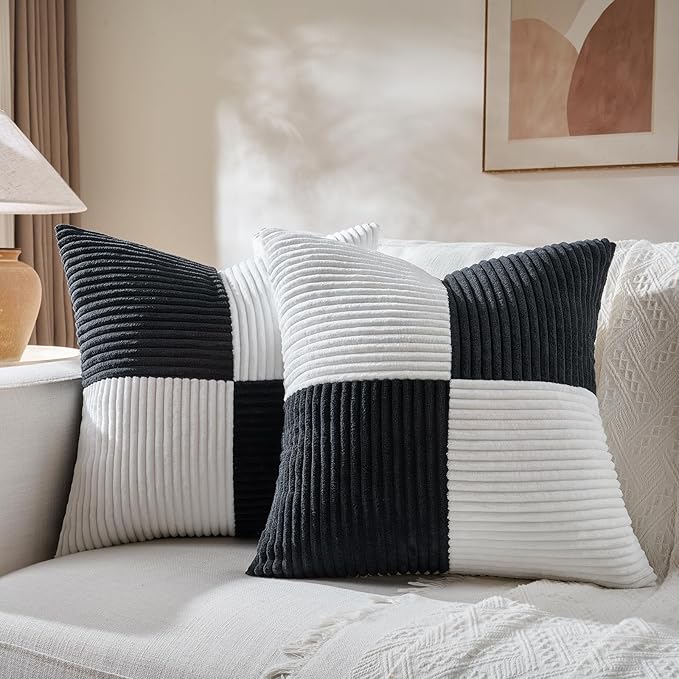 Fancy Homi Set of 2 Black White Decorative Throw Pillow Covers 16x16 Inch for Living Room Couch Bed, Modern Farmhouse Boho Home Decor, Soft Striped Corduroy Textured Square Cushion Case 40x40 cm