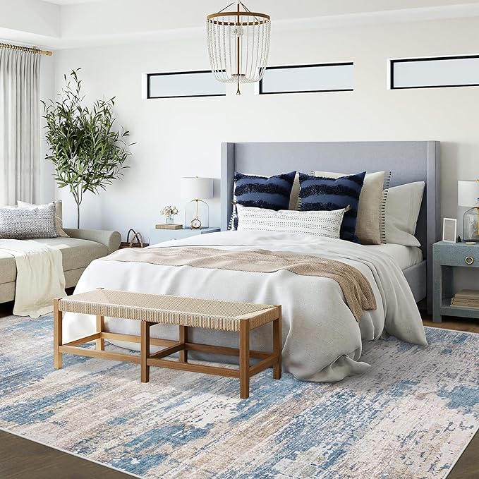 6x9 Area Rugs for Living Room, Washable Modern Abstract Large Area Rug Neutral Soft Non Slip Kids Rug Stain Resistant Indoor Carpet for Bedroom Nursery Dining Room Playroom(BlueBeige, 6'x9')
