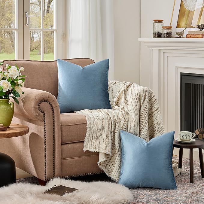 GIGIZAZA Decorative Throw Pillow Covers 24 x 24,Set of 2 Sofa Cushion Stone Blue Pillow Covers,Velvet Pillow Square Cushion Covers