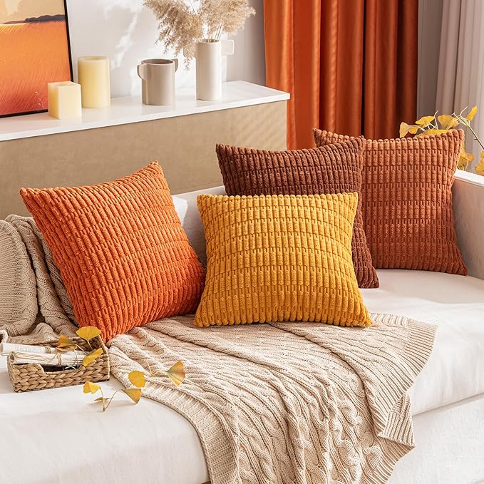 MIULEE Pack of 2 Orange Corduroy Decorative Pillow Covers 20x20 Inch Soft Boho Striped Throw Pillow Covers Modern Farmhouse Home Decor for Halloween Thanksgiving Summer Sofa Living Room Couch Bed