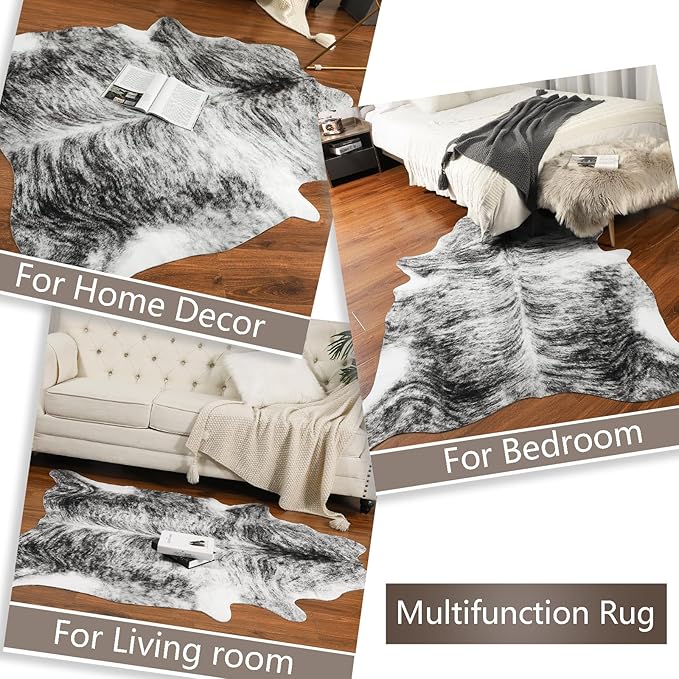 AROGAN Western Decor Faux Fur Cowhide Rug, 4 x 3 Feet Premium Animal Skin Cow Hide Rug, Sturdy Cow Print Rugs for Wall Decor, Western Floor Carpet for Bedroom Living Room, Black and Grey