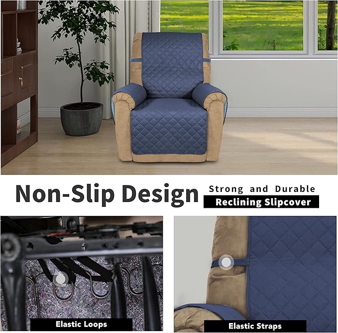 Easy-Going Recliner Chair Slipcover Reversible Sofa Cover Water Resistant Couch Cover Furniture Protector with Elastic Straps for Pets Dog (Recliner 22 inch, Dark Blue/Light Blue)