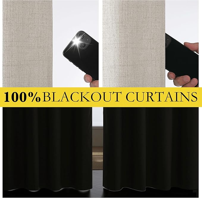NICETOWN Brich Vintage Open Linen Weave Flax Thermal Curtains, 100% Blackout Curtains 102" Long for Dining Room, Soundproof Window Treatment Drapes for Home Office, 62" Wide Per Panel, Set of 2