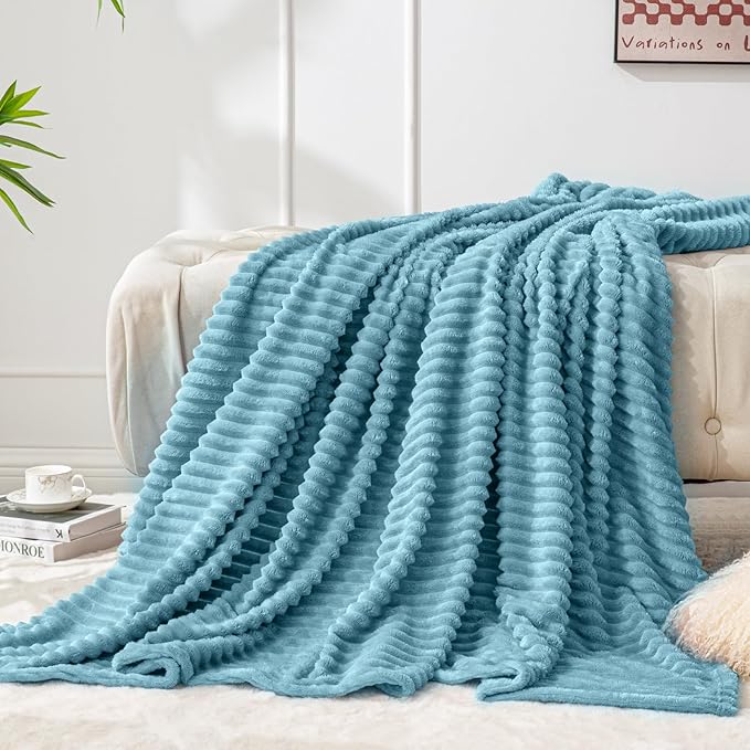 BEDELITE Fleece Blanket Twin Size – 3D Ribbed Jacquard Soft and Warm Decorative Fuzzy Blankets – Cozy, Fluffy, Plush Lightweight Throw Blankets for Couch, Bed, Sofa(Washed Blue, 60x80 inches)