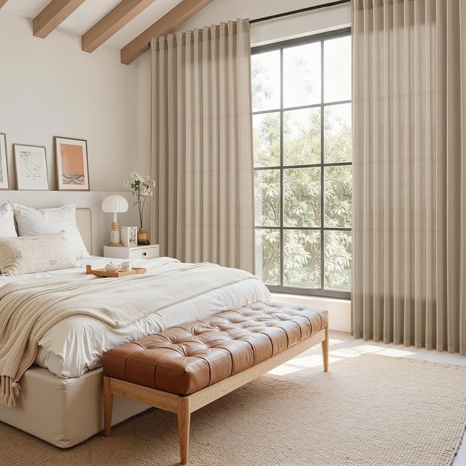 Sepia Beige Linen Curtains 112 Inches Long for Living Room Farmhouse Decor Light Filtering Semi Sheer Curtain Back Tab Rod Pocket Neutral Floor to Ceiling High Window for Bedroom 52x112, 2 Panels