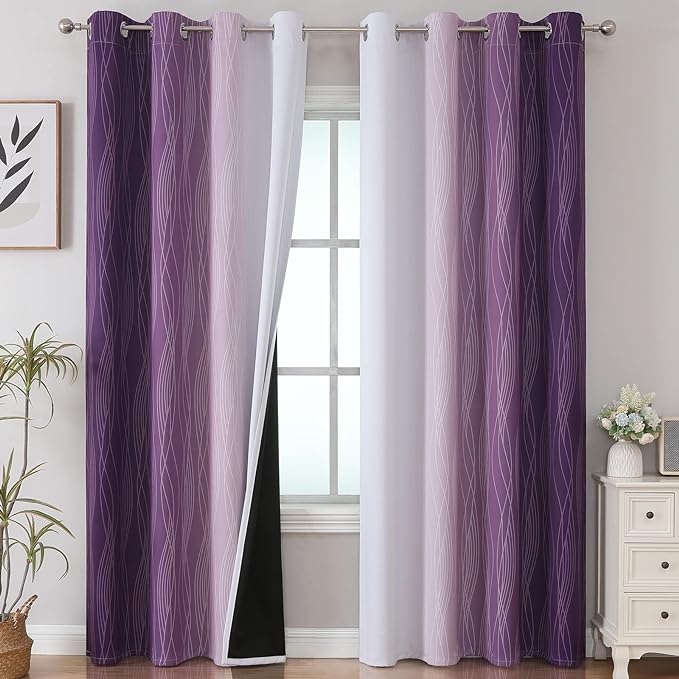 Estelar Textiler Purple and Greyish White Ombre Blackout Curtains 90 Inch Length 2 Panels Set,Thermal Insulated Drapes for Bedroom,Full Room Darkening Grommet Gradient Curtains for Living Room,52Wx90L