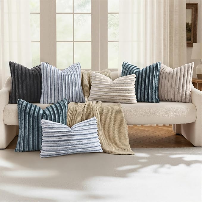 decorUhome Cozy Faux Fur Throw Pillow Covers 12x20 Set of 2 Decorative Soft Plush Striped Lumbar Modern Farmhouse Boho Couch Pillow Cases with Velvet Back for Sofa Bed Living Room, Dark Grey