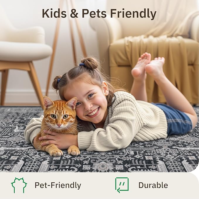 Washable 2x3 Entryway Area Rug - Small Non Slip Vintage Kitchen Runner Rugs Indoor Entrance Soft Neutral Stain Resistant Bathroom Mat Farmhouse Carpet for Bedroom Living Room Entry Laundry 2'x3' Black