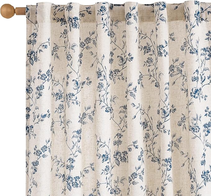 Lazzzy Farmhouse Linen Curtains Blue Floral Curtains 96 Inch Long Back Tab Drapes for Living Room Bedroom Light Filtering Country Vintage Rod Pocket Curtain, 2 Panels, Blue on Beige