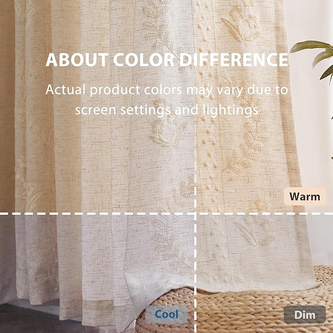 jinchan Belrose 4 Panel Curtains Set 90 Inch Length Floral Curtains Linen Blend Ivory Embroidered Drapes Farmhouse Flower Patterned Drapes for Living Room Bedroom Window Treatments Set of 4