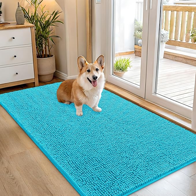OLANLY Dog Door Mat for Muddy Paws 54x32, Absorbs Moisture and Dirt, Absorbent Non-Slip Washable Doormat, Quick Dry Chenille Mud Mat for Dogs, Entry Indoor Entryway Carpet for Inside Floor, Aqua Blue