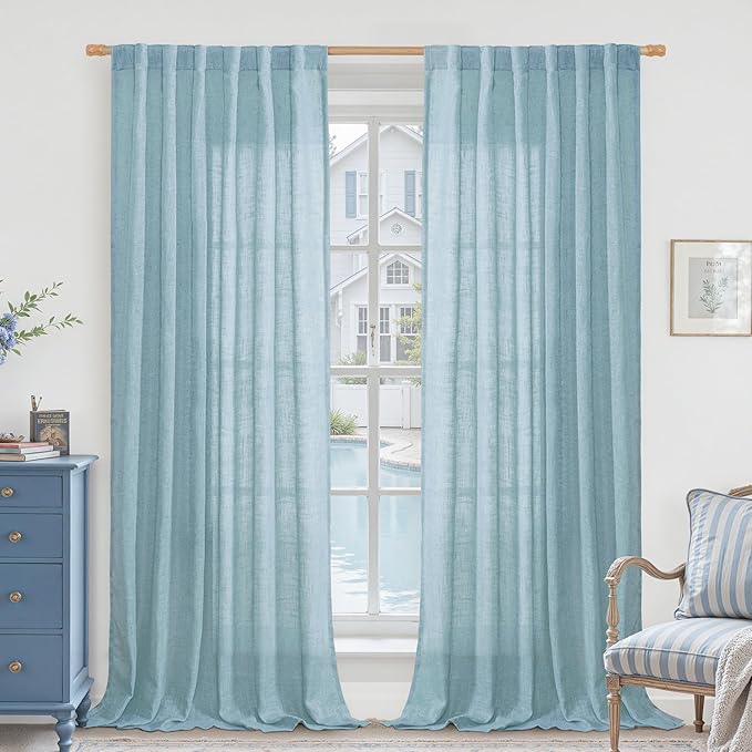 LAMIT Stone Blue Linen Curtains 90 Inch for Living Room, Back Tab and Rod Pocket Linen Textured Farmhouse Panels Light Filtering Drapes for Bedroom/Dining Room, Set of 2, 52 x 90 Inch
