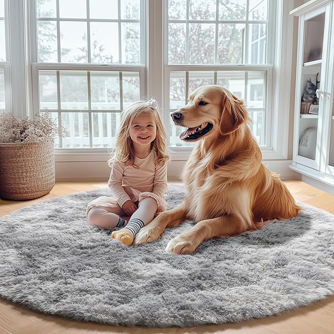 ONASAR Round Rugs 5ft for Bedroom Living Room, Fluffy Tie-Dyed Light Grey Circle Area Rug for Kids Girls Boys Teen, Soft Plush Shaggy Carpet for Nursery Dorm Classroom Playroom Home Decor Aesthetic