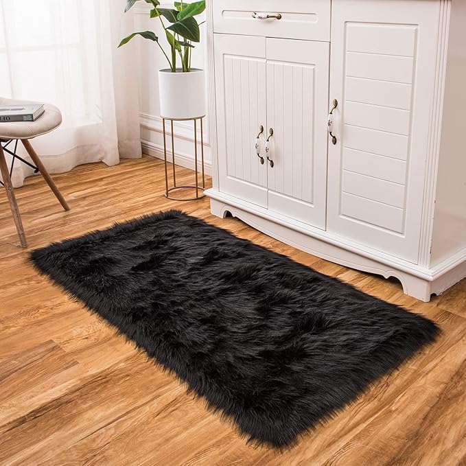 EasyJoy Ultra Soft Fluffy Shaggy Area Rug Faux Fur Rug Chair Cover Seat Pad Fuzzy Area Rug for Bedroom Floor Sofa Living Room (2 x 4 ft Rectangle, Black)