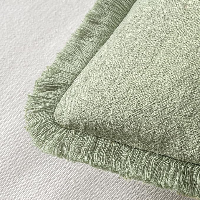 MIULEE Decorative Throw Pillow Covers Neutral Linen Fringe Throw Pillows Set of 2 Sage Green Boho Farmhouse Cushion Covers with Tassels for Couch Sofa Bed Living Room Spring Home Decor 20x20 Inch