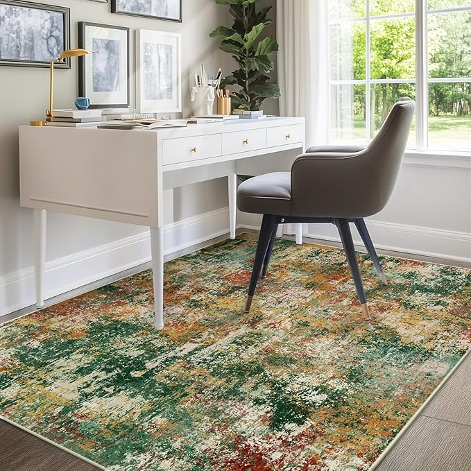 Washable Area Rugs 6'x9' Non-Slip Modern Abstract Soft for Living Room Entryway Bedroom Nursery, Print Pattern, Green Orange Rust Red Cream Colorful