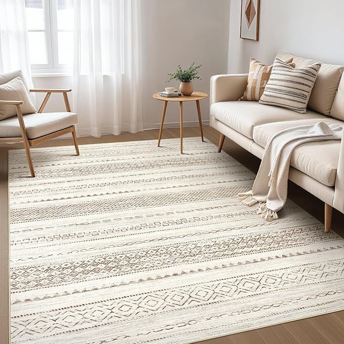 Nakagishi Area Rug Living Room Rugs: 4X6 Machine Washable Boho Large Neutral Farmhouse Stain Resistant Moroccan Indoor Floor Carpet for Bedroom Nursery Dorm Dining Room Home-Brown Tan