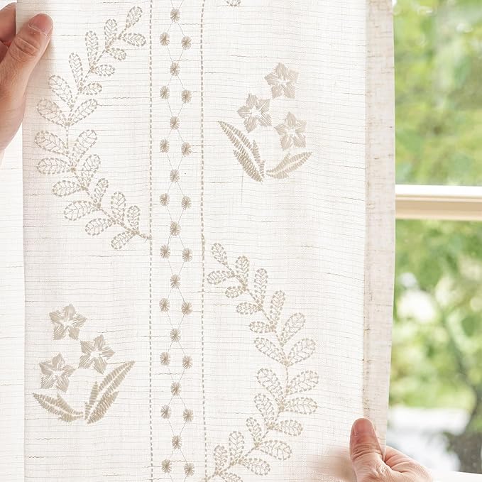 jinchan Belrose Linen Curtains for Bedroom Floral Curtains 96 Inch Length Linen Blend White Embroidered Drapes Farmhouse Flower Patterned Drapes for Living Room Window Treatments Set 2 Panels