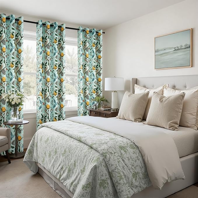 Topfinel 96 Inches Long Floral Curtains Unique Cottagecore Whimsical Vintage Pretty Fun Floral Hummingbird Patterned Double Sided Grommet Green Print Drapes Two Pages for Bedroom Living Room Dining