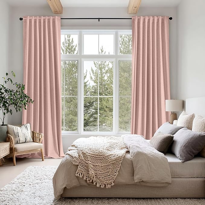MIULEE 100% Blackout Linen Curtains for Bedroom, Blush Pink Solid Luxury Decor Thermal Insulation Room Darkening Drapes for Living Room Nursery Back Tab Rod Pocket 42 x 96 Inches, 2 Panels