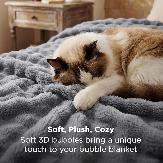 Bedsure 3D Fleece Bubble Blanket - GentleSoft Grey Queen Blanket for Bed Sofa Room Decor - Luxury Soft Cozy Gifts for Kids, Lightweight, All Seasons, Grey, 90"×90"