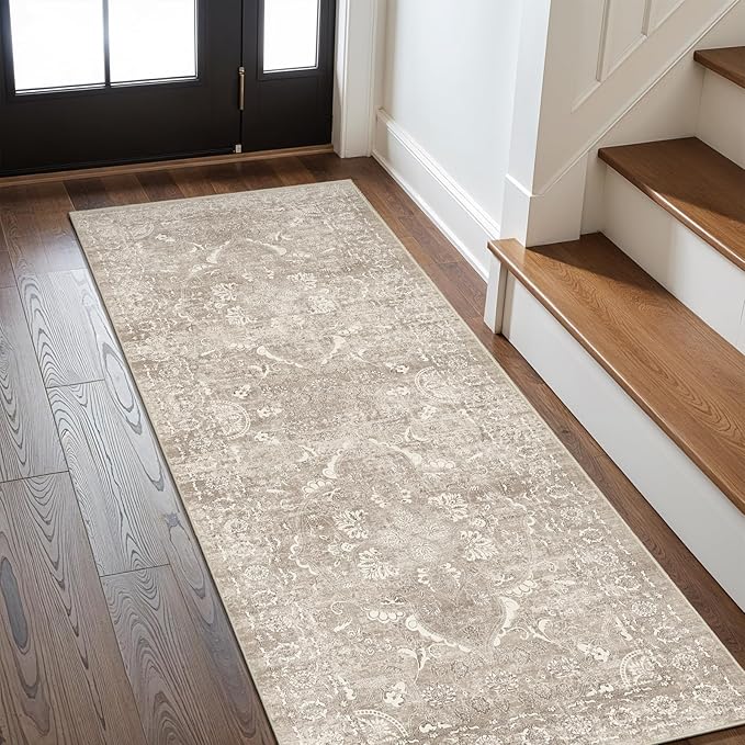 Hallway 2x6 Runner Rug - Vintage Non-Slip Long Rug for Entryway Low-Pile Washable Medallion Runner Rugs for Hallway Waterproof Traditional Runner Rug Indoor Thin Rugs for Kitchen (Beige)