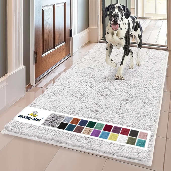 Muddy Mat® | Super Absorbent Door Mat Indoor, Microfiber Quick Dry Chenille Entryway Rug, Non-Slip Front Door Mat, Indoor Mats for Entryway, Machine Washable Pet Rug, White 36" x 120"