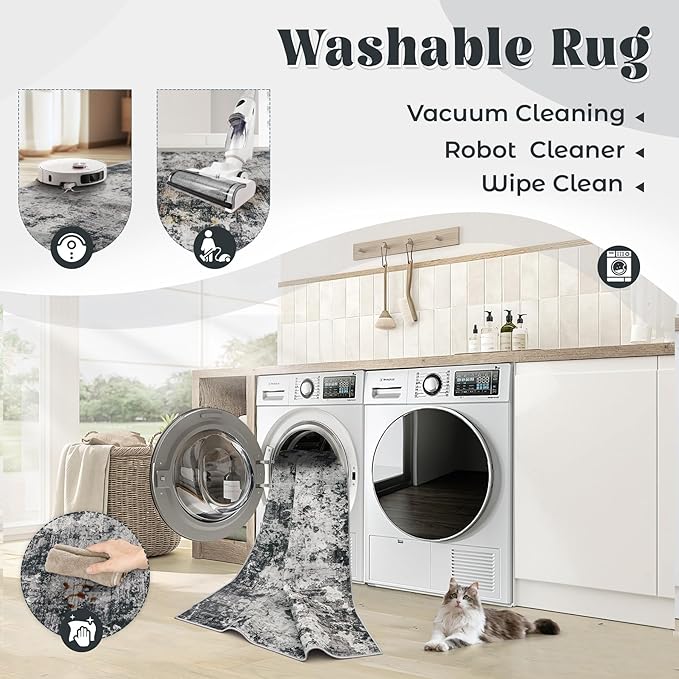 8x10 Area Rugs for Living Room, Washable Modern Abstract Large Area Rug Neutral Soft Non Slip Kids Rug Stain Resistant Indoor Carpet for Bedroom Nursery Dining Room Playroom(Black, 8'x10')