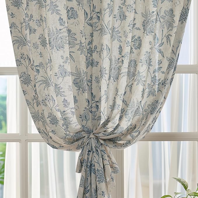 jinchan Linen Floral Curtains for Living Room with Printed Flower 84 Inches Long Light Filtering French Country Back Tab Rod Pocket Blue Window Curtain Set Farmhouse Drapes 2 Panels Blue